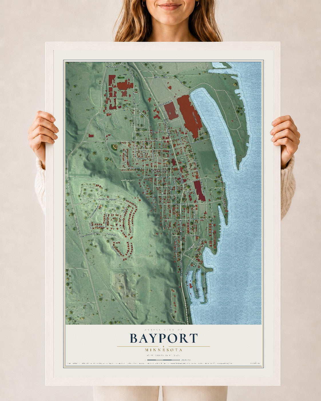 Map of Bayport, Minnesota, 24 x 36 inch print in a white wood frame