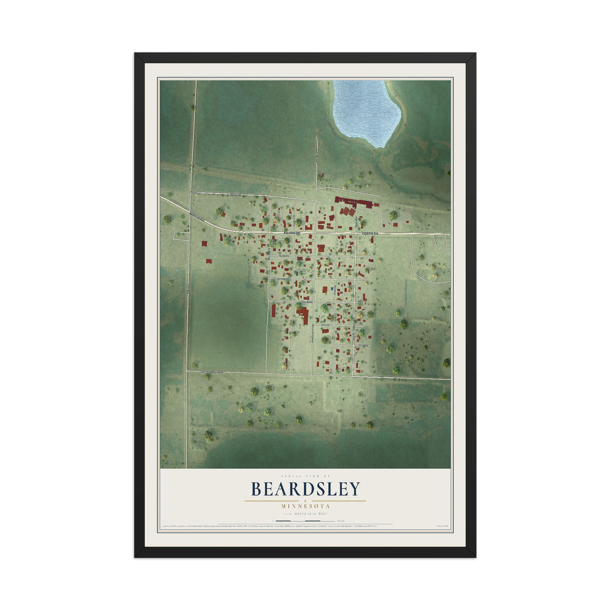Map of Beardsley, Minnesota, 12 x 18 inch print in a black wood frame