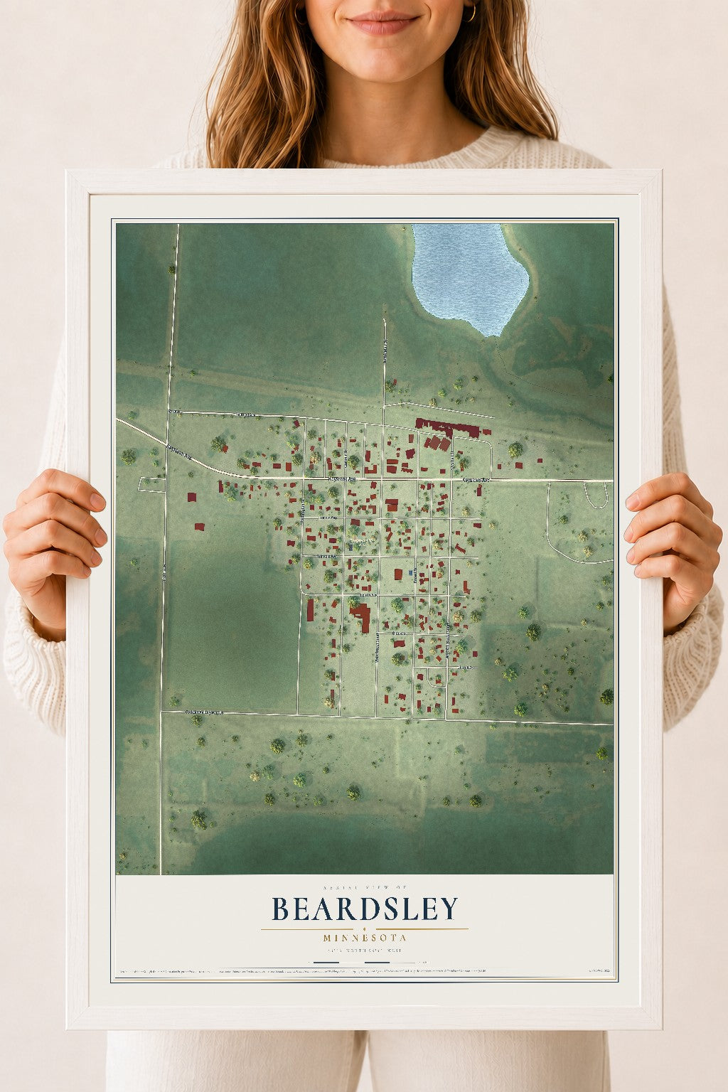 Map of Beardsley, Minnesota, 18 x 24 inch print in a white wood frame