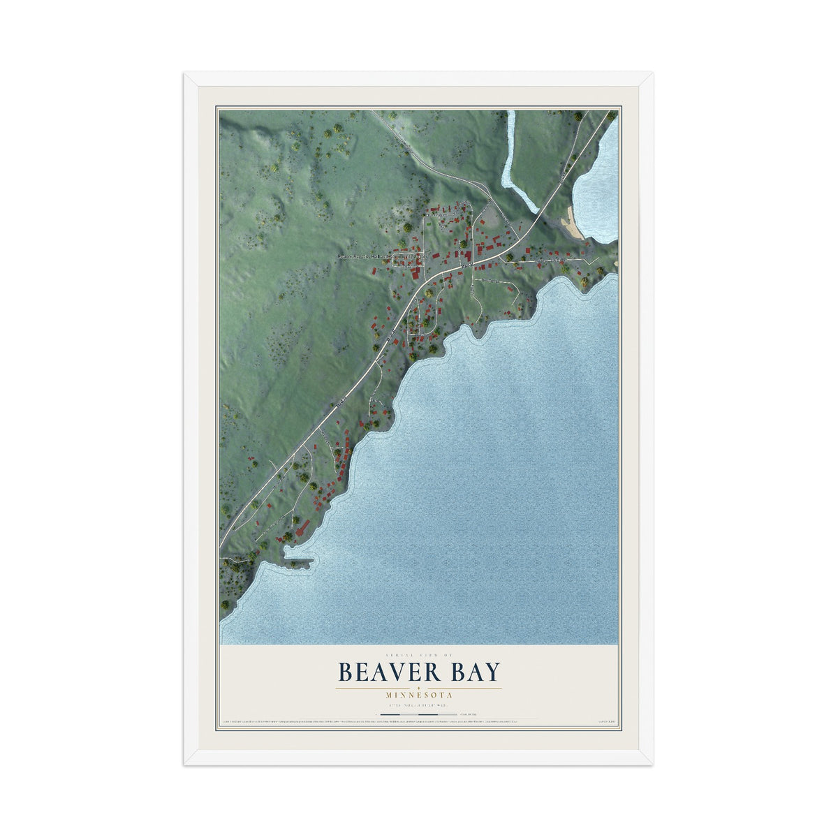 Map of Beaver Bay, Minnesota, 12 x 18 inch print in a white wood frame