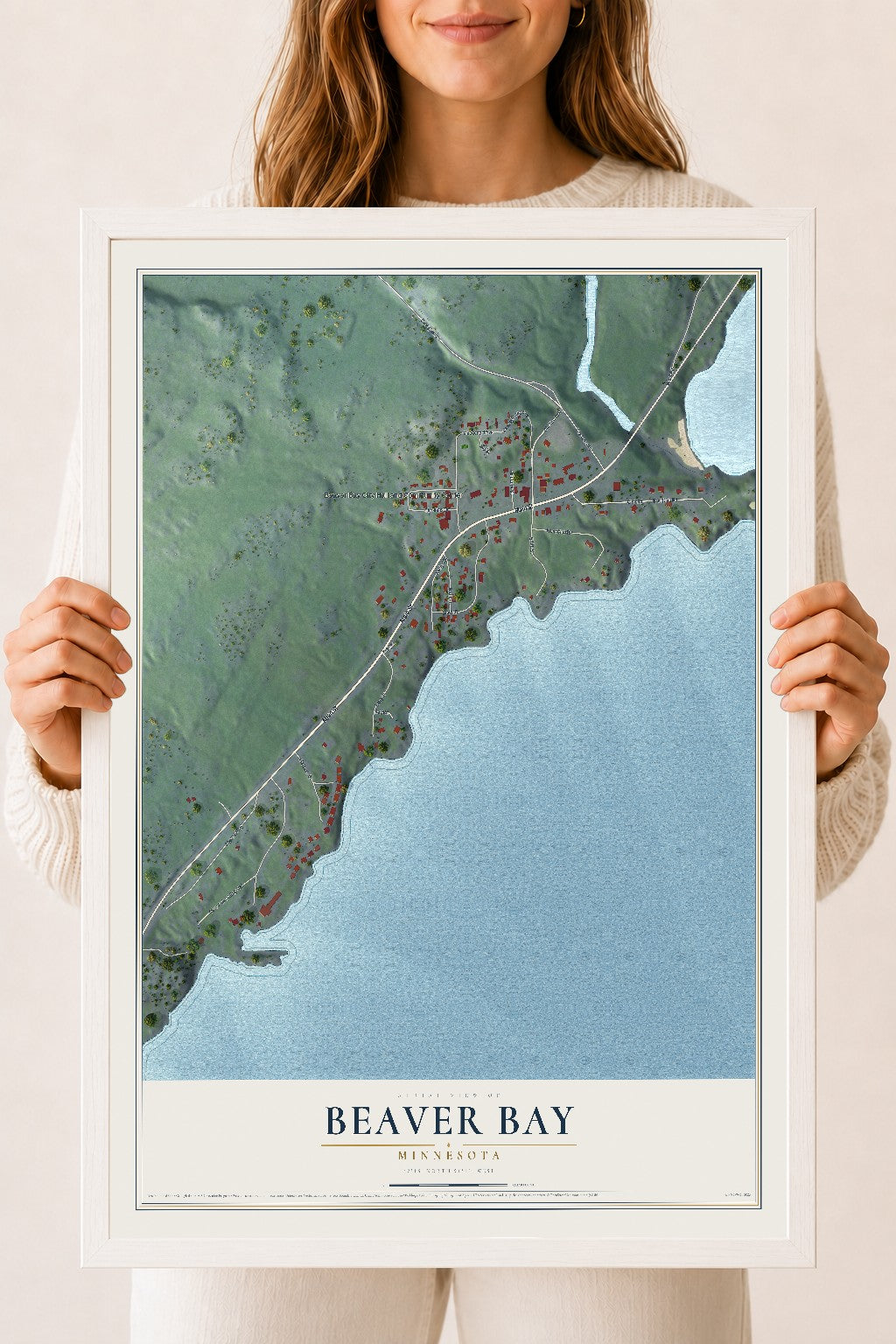 Map of Beaver Bay, Minnesota, 18 x 24 inch print in a white wood frame