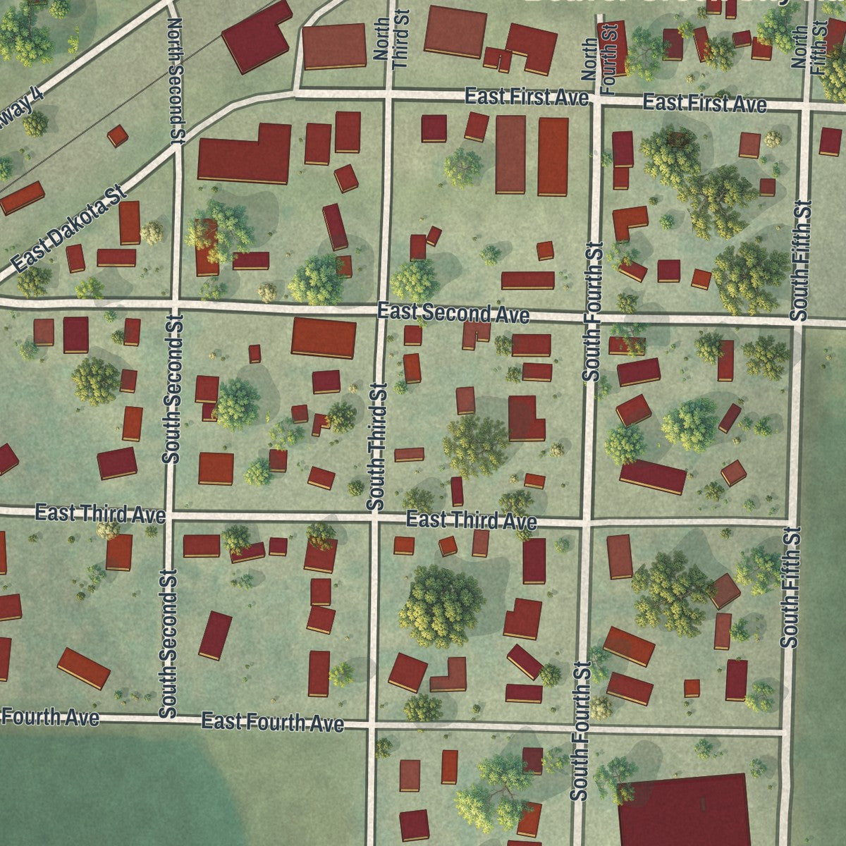 Close-up of the map of Beaver Creek, Minnesota print showing street and building detail