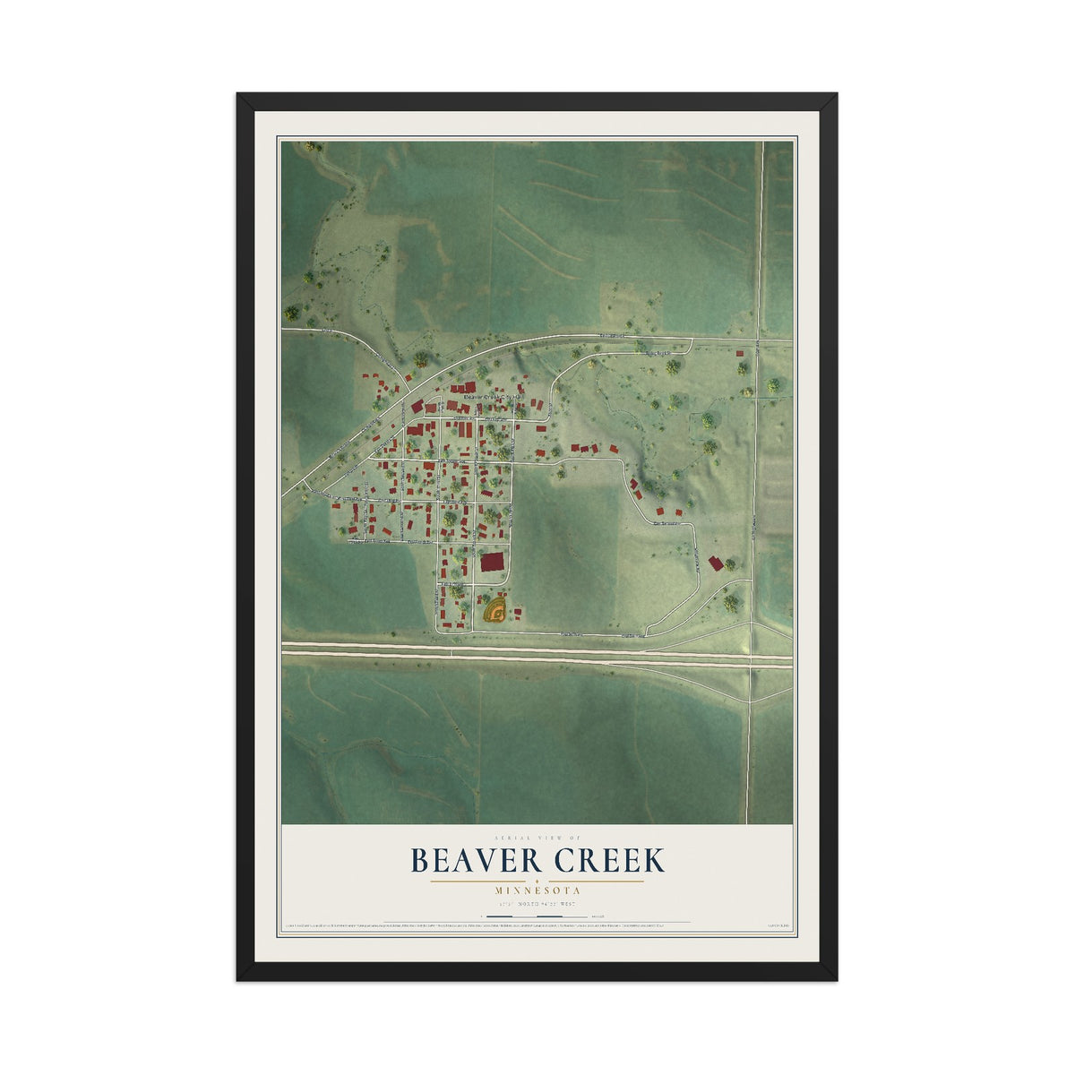 Map of Beaver Creek, Minnesota, 12 x 18 inch print in a black wood frame