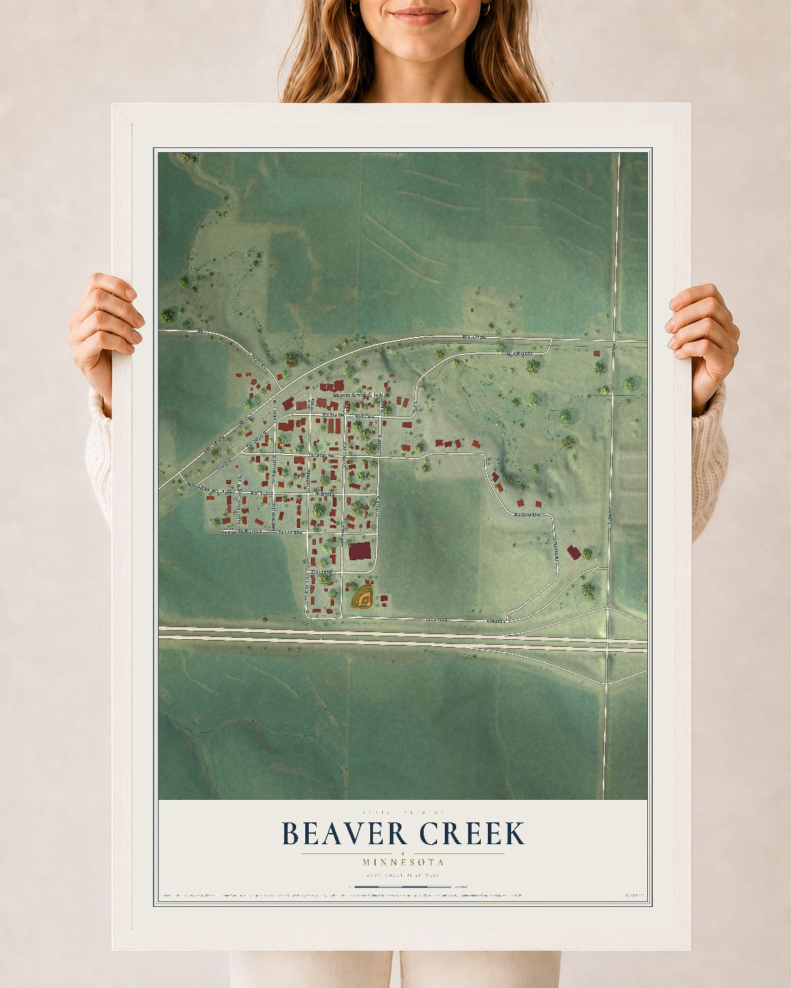 Map of Beaver Creek, Minnesota, 24 x 36 inch print in a white wood frame