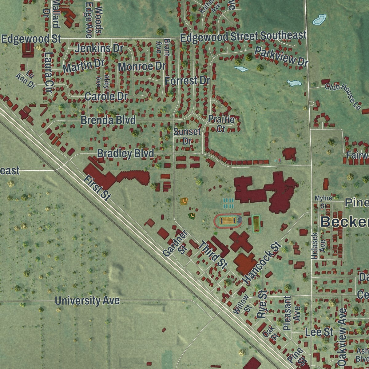 Close-up of the map of Becker, Minnesota print showing street and building detail