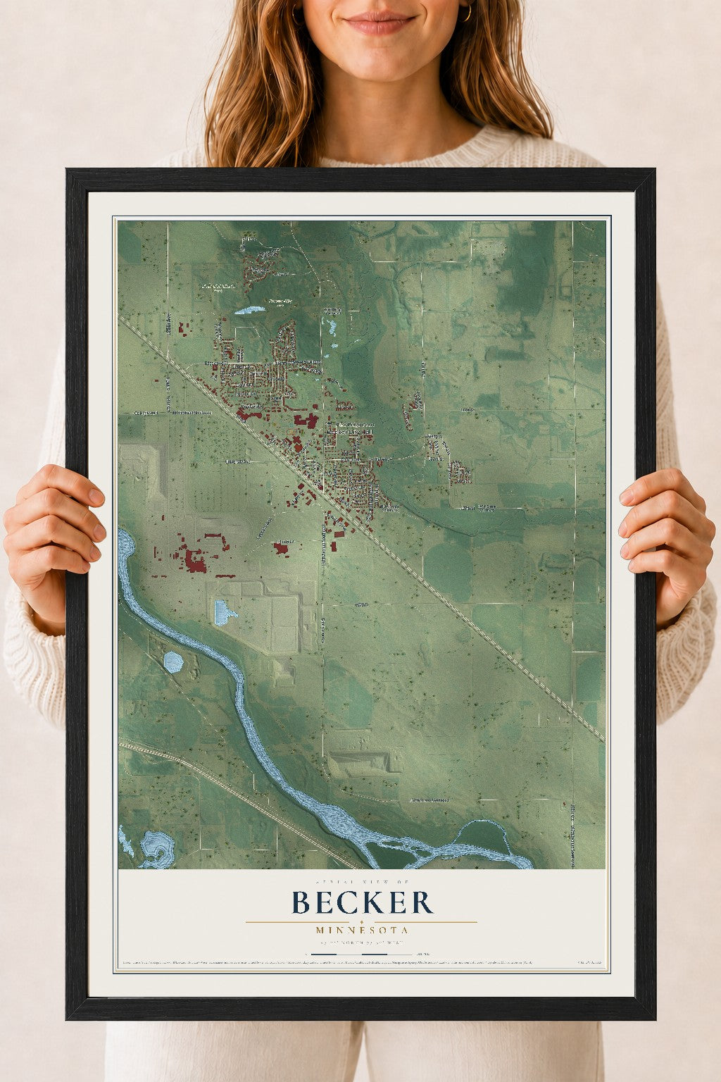 Map of Becker, Minnesota, 18 x 24 inch print in a black wood frame