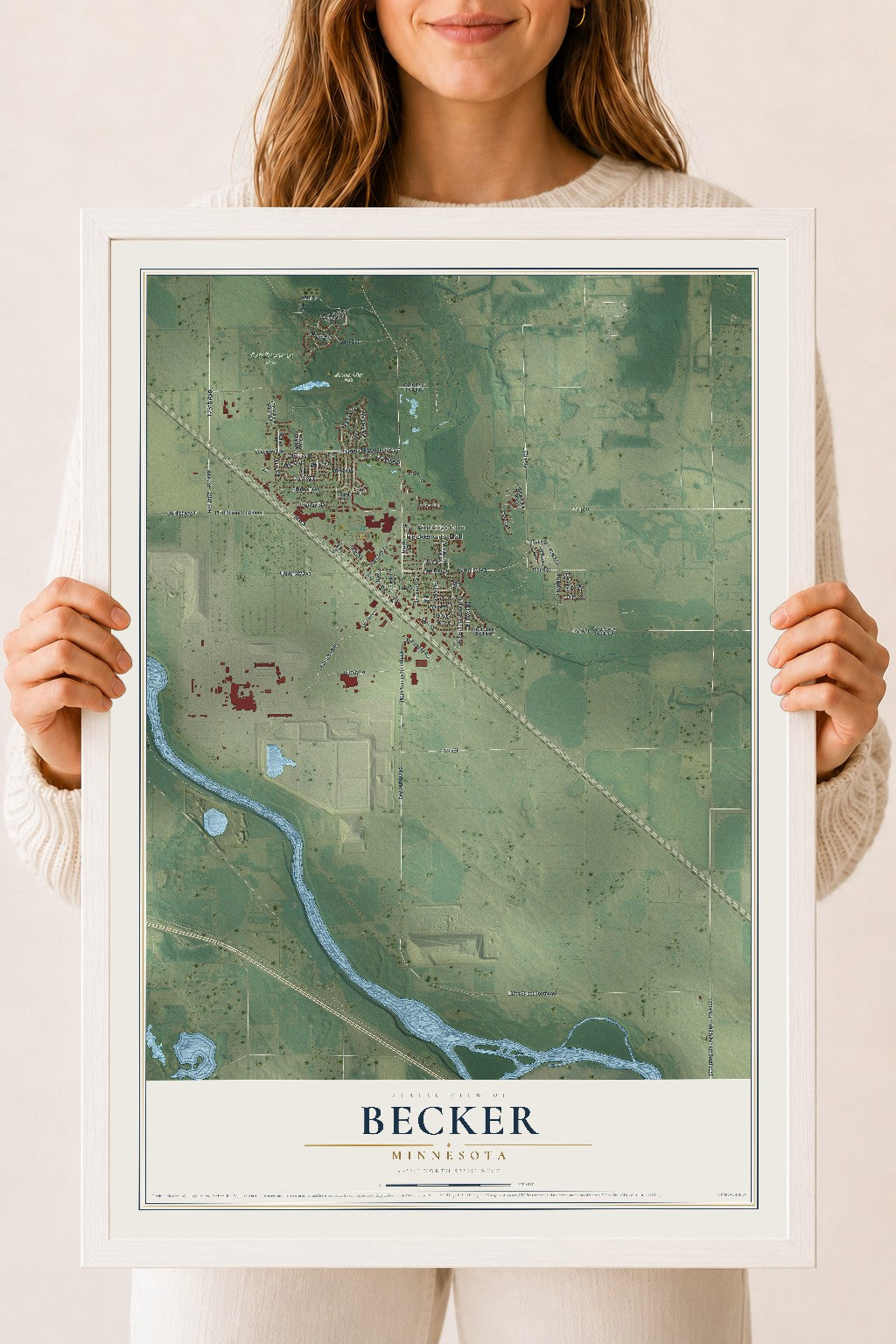 Map of Becker, Minnesota, 18 x 24 inch print in a white wood frame