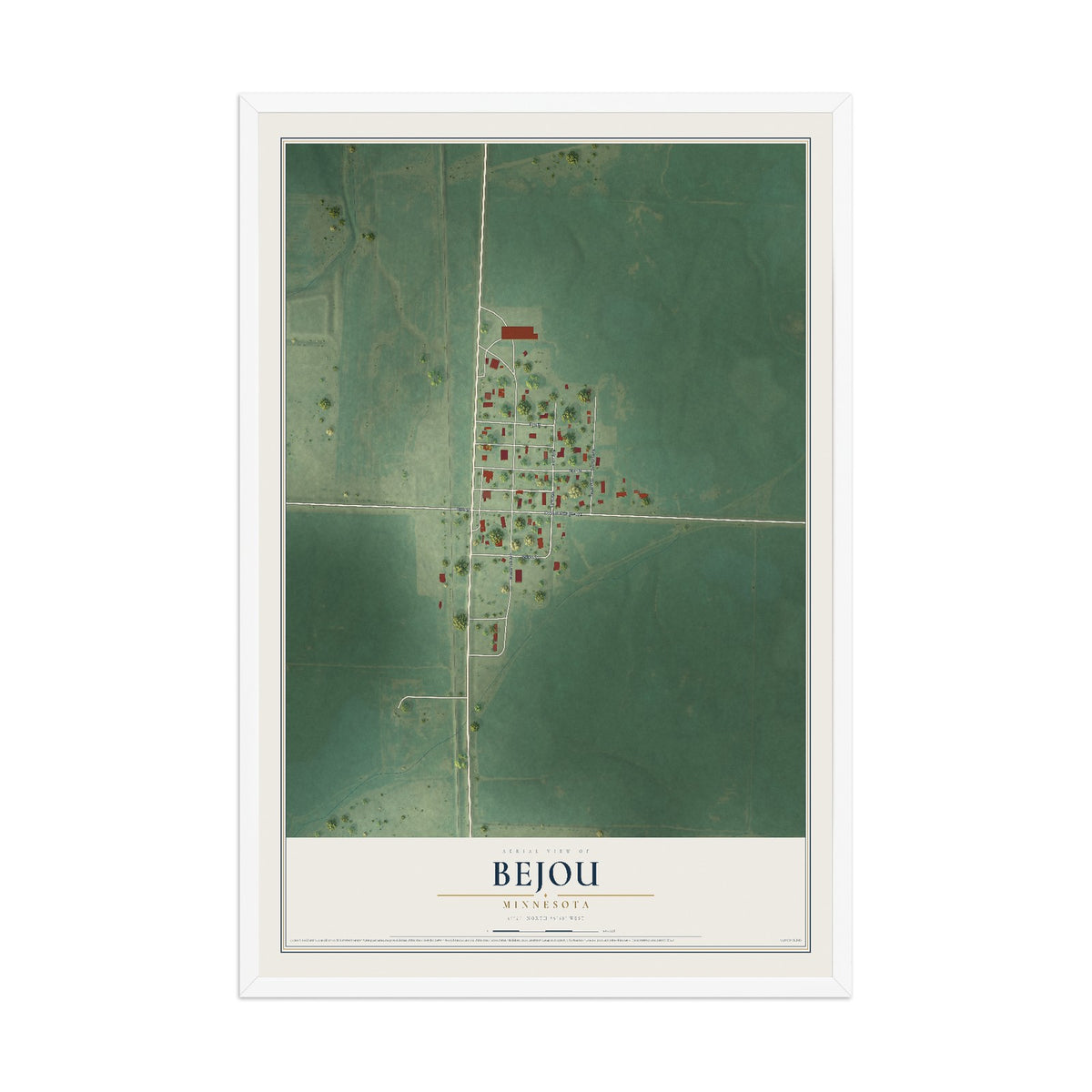 Map of Bejou, Minnesota, 12 x 18 inch print in a white wood frame