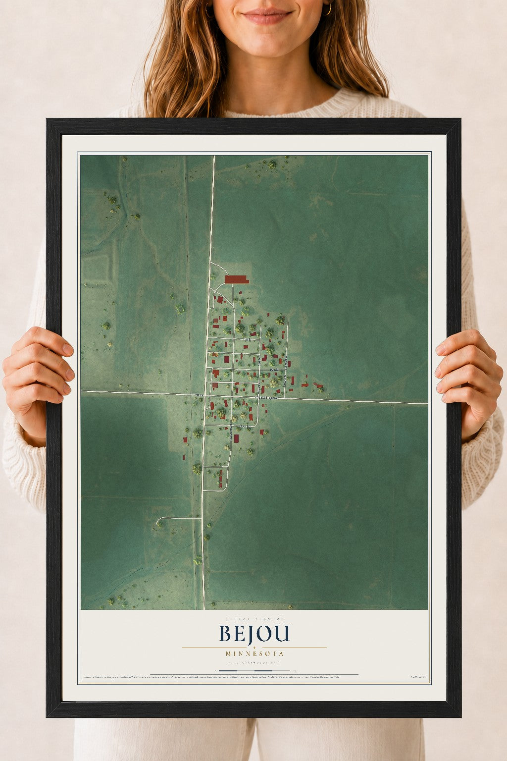 Map of Bejou, Minnesota, 18 x 24 inch print in a black wood frame