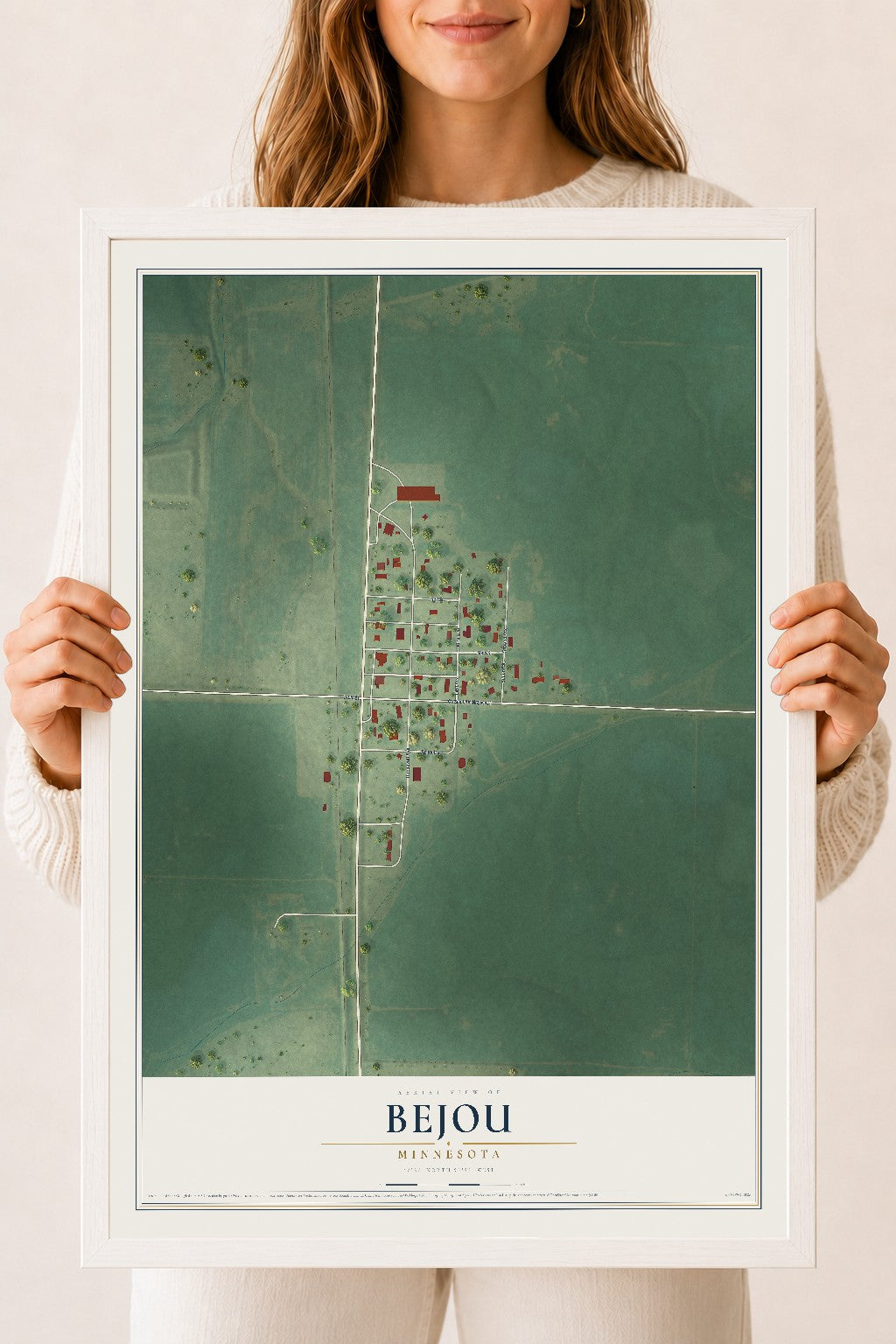 Map of Bejou, Minnesota, 18 x 24 inch print in a white wood frame