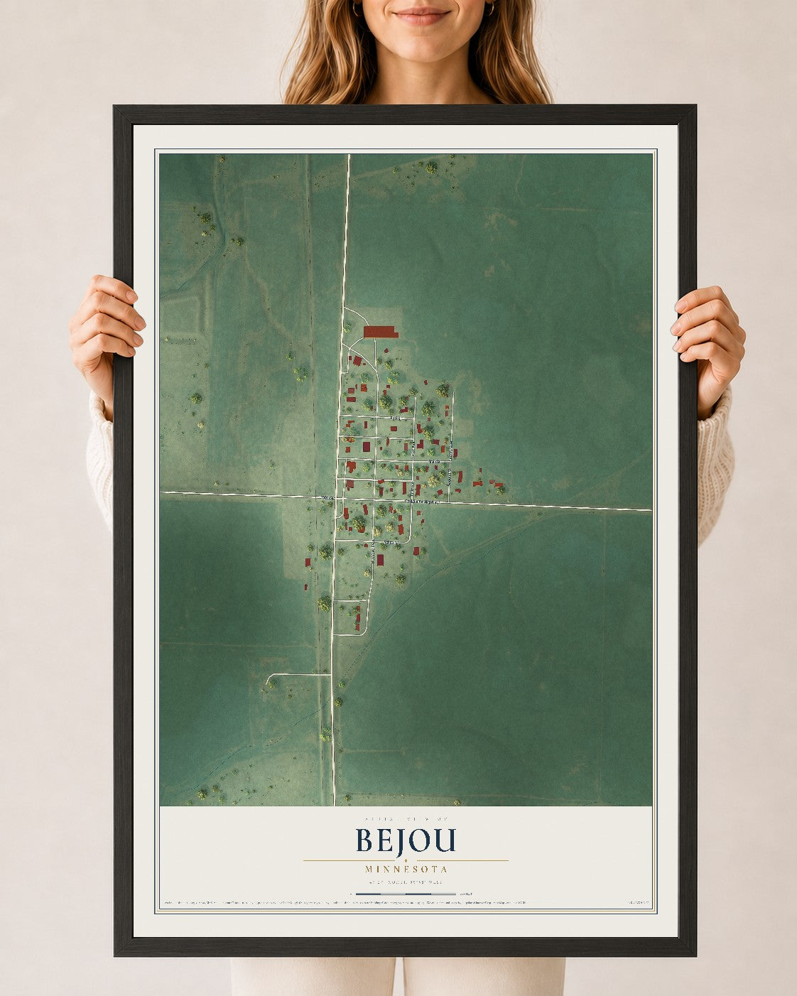 Map of Bejou, Minnesota, 24 x 36 inch print in a black wood frame