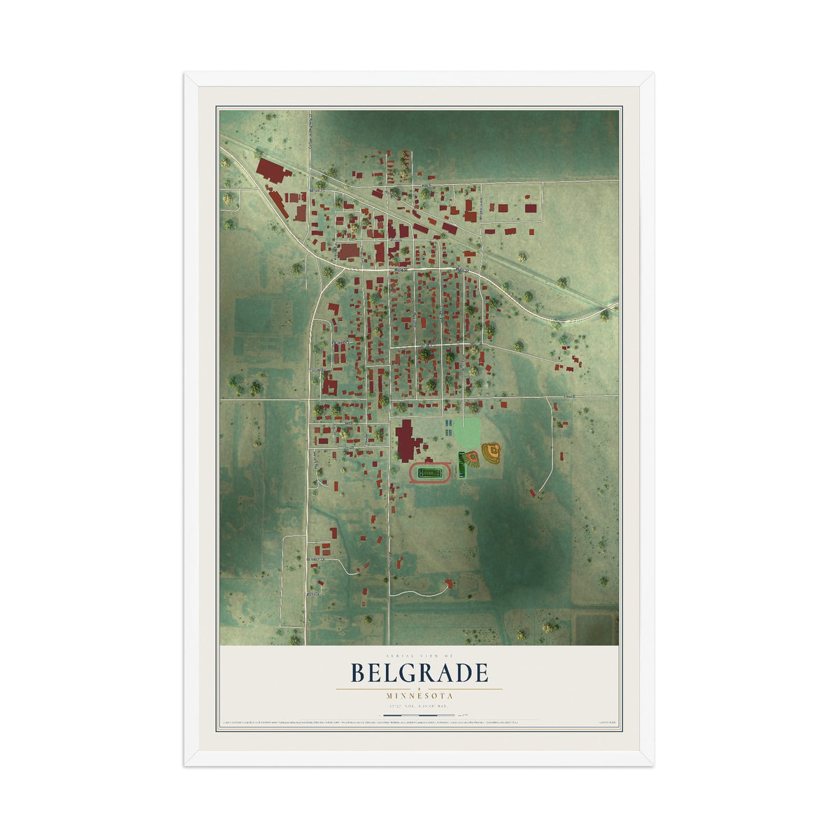 Map of Belgrade, Minnesota, 12 x 18 inch print in a white wood frame