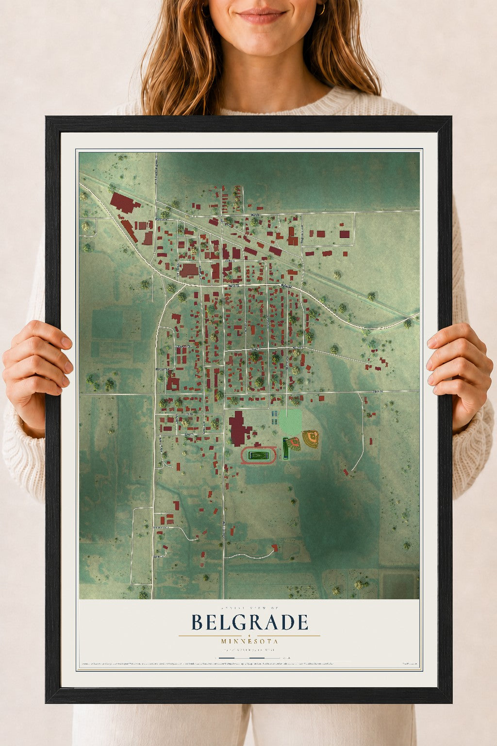 Map of Belgrade, Minnesota, 18 x 24 inch print in a black wood frame
