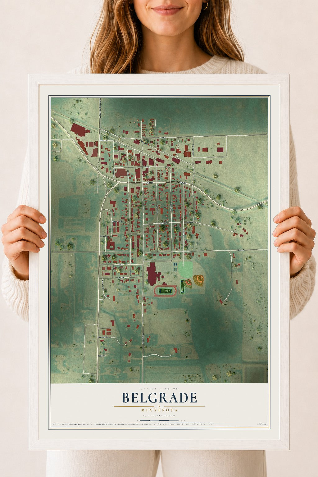 Map of Belgrade, Minnesota, 18 x 24 inch print in a white wood frame