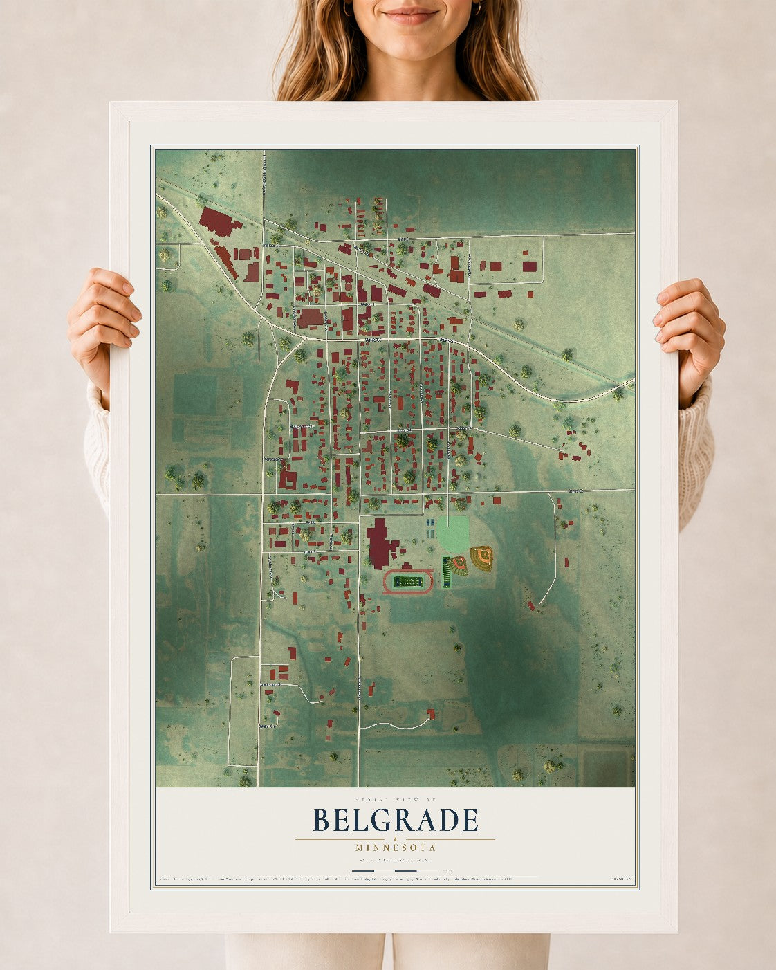 Map of Belgrade, Minnesota, 24 x 36 inch print in a white wood frame
