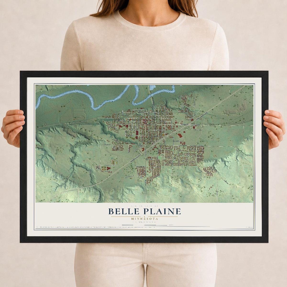 Map of Belle Plaine, Minnesota, 12 x 18 inch print in a black wood frame