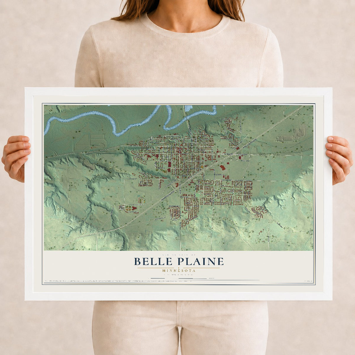 Map of Belle Plaine, Minnesota, 12 x 18 inch print in a white wood frame