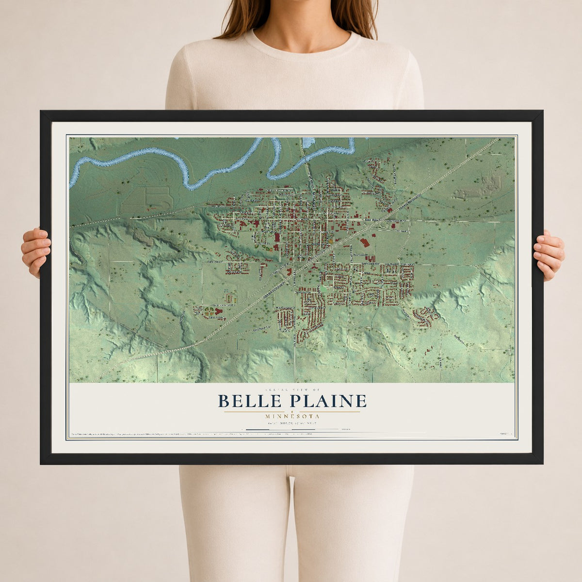 Map of Belle Plaine, Minnesota, 24 x 36 inch print in a black wood frame