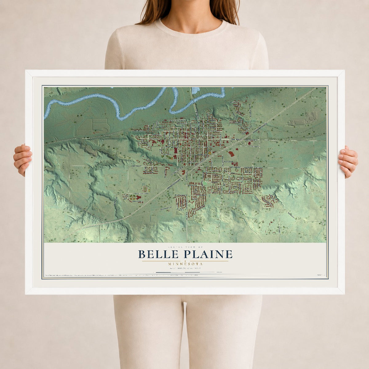 Map of Belle Plaine, Minnesota, 24 x 36 inch print in a white wood frame