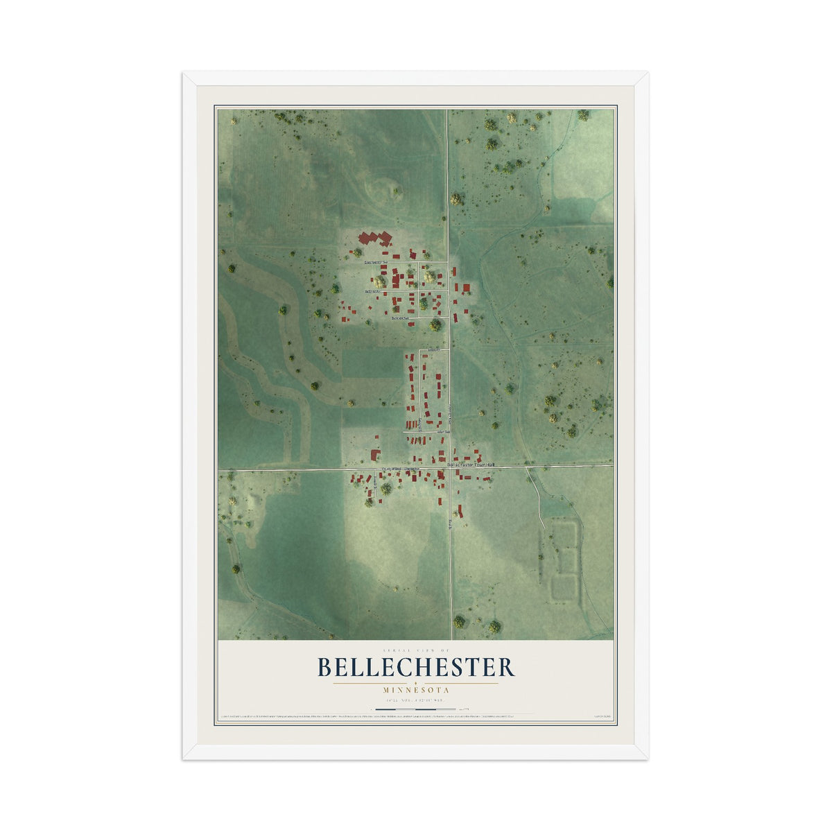 Map of Bellechester, Minnesota, 12 x 18 inch print in a white wood frame
