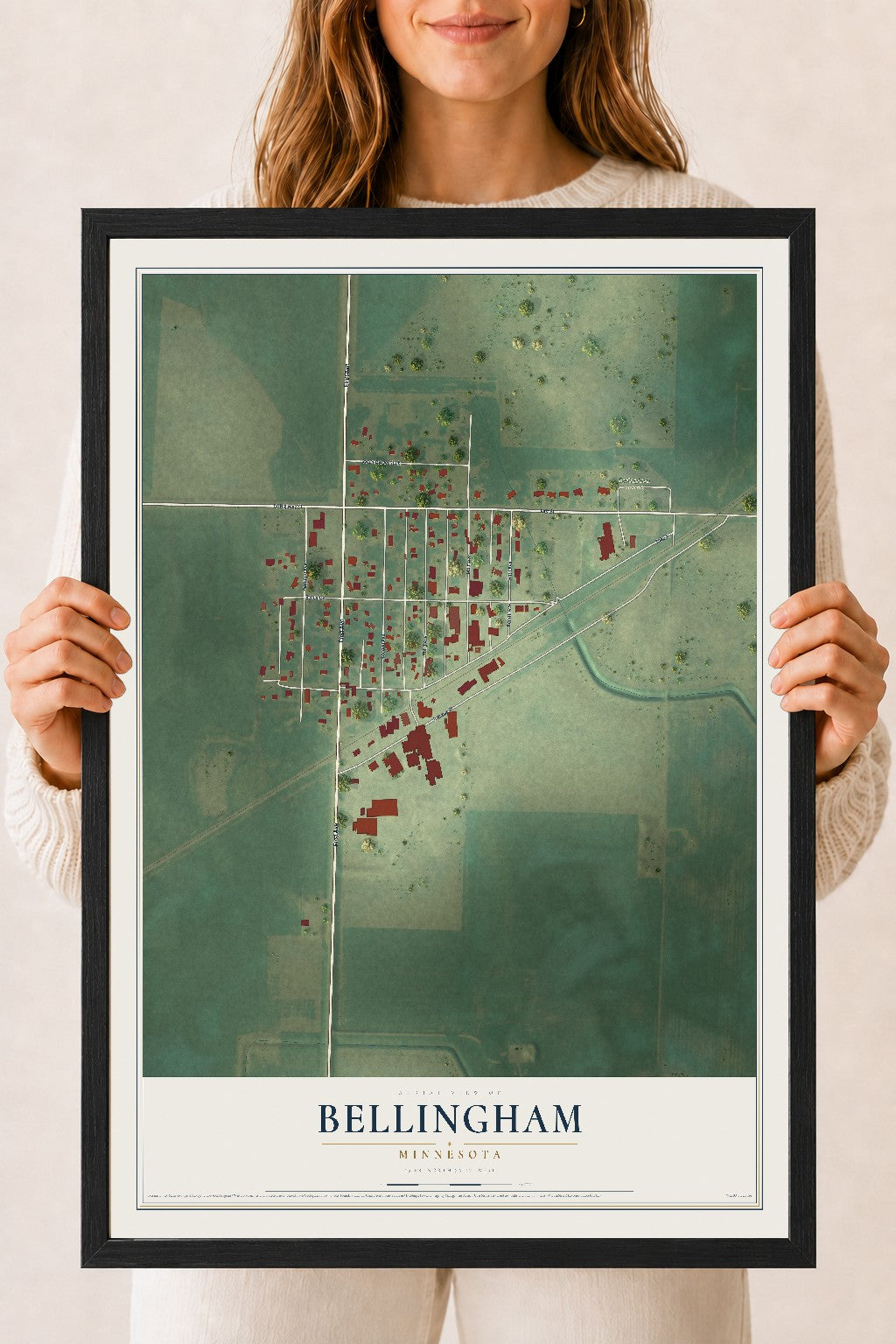 Map of Bellingham, Minnesota, 18 x 24 inch print in a black wood frame