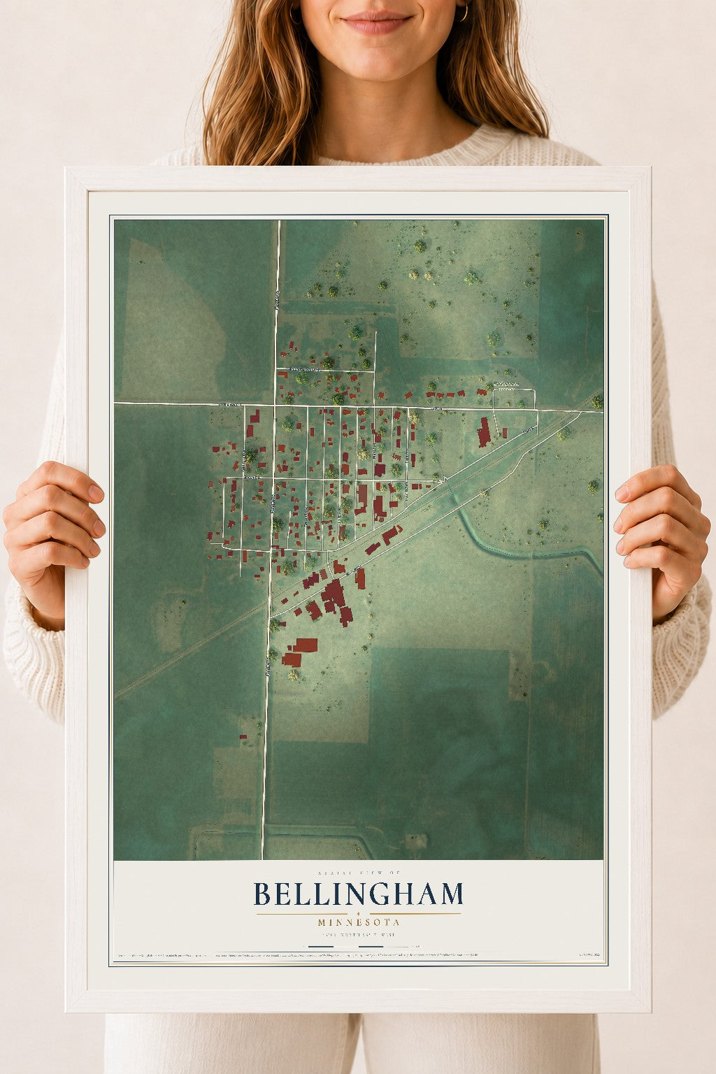Map of Bellingham, Minnesota, 18 x 24 inch print in a white wood frame