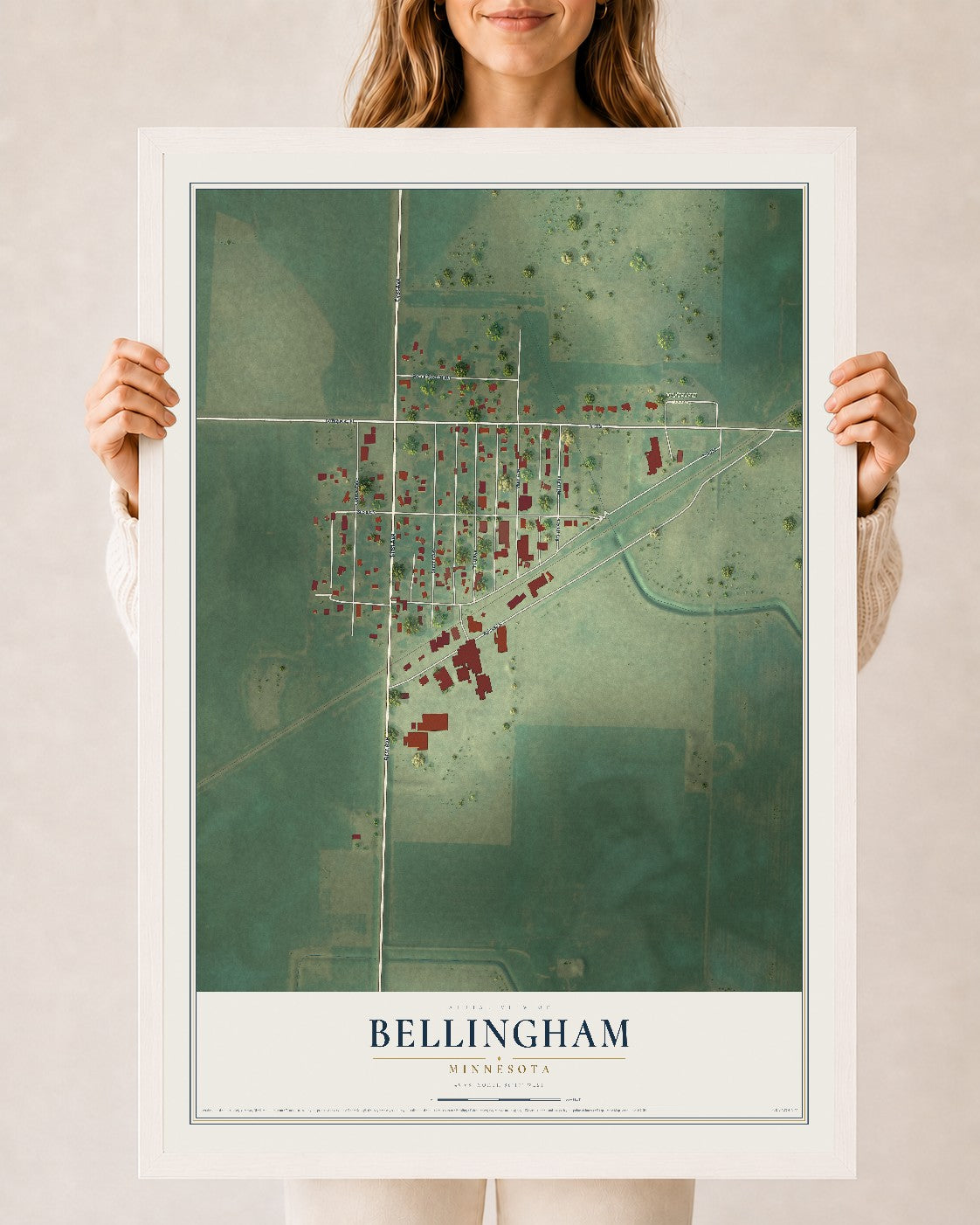Map of Bellingham, Minnesota, 24 x 36 inch print in a white wood frame