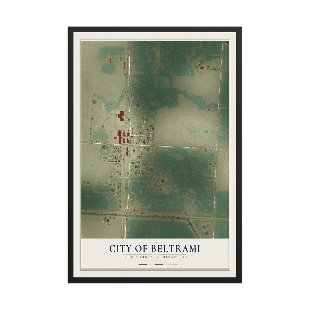 Map of Beltrami, Minnesota, 12 x 18 inch print in a black wood frame