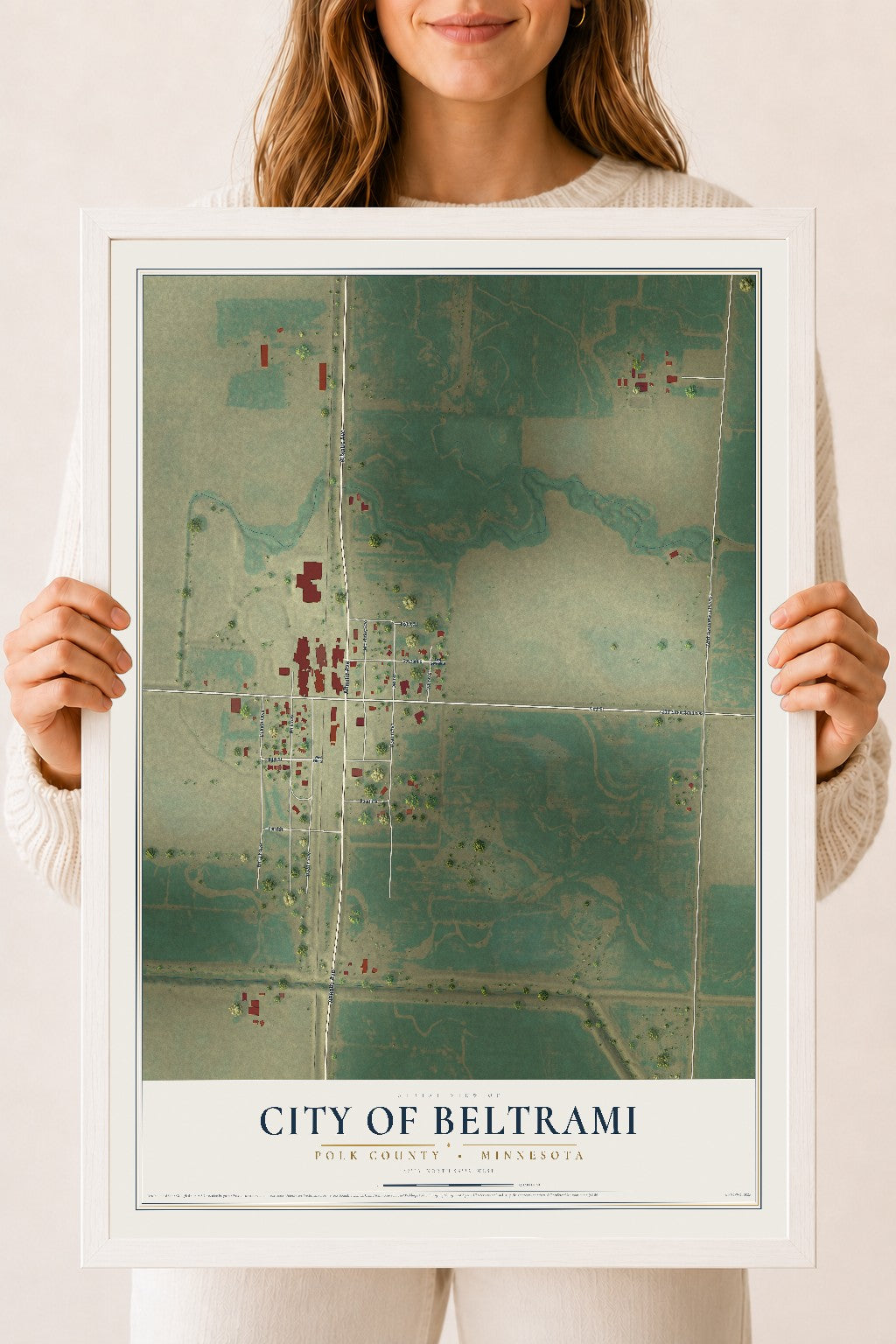 Map of Beltrami, Minnesota, 18 x 24 inch print in a white wood frame