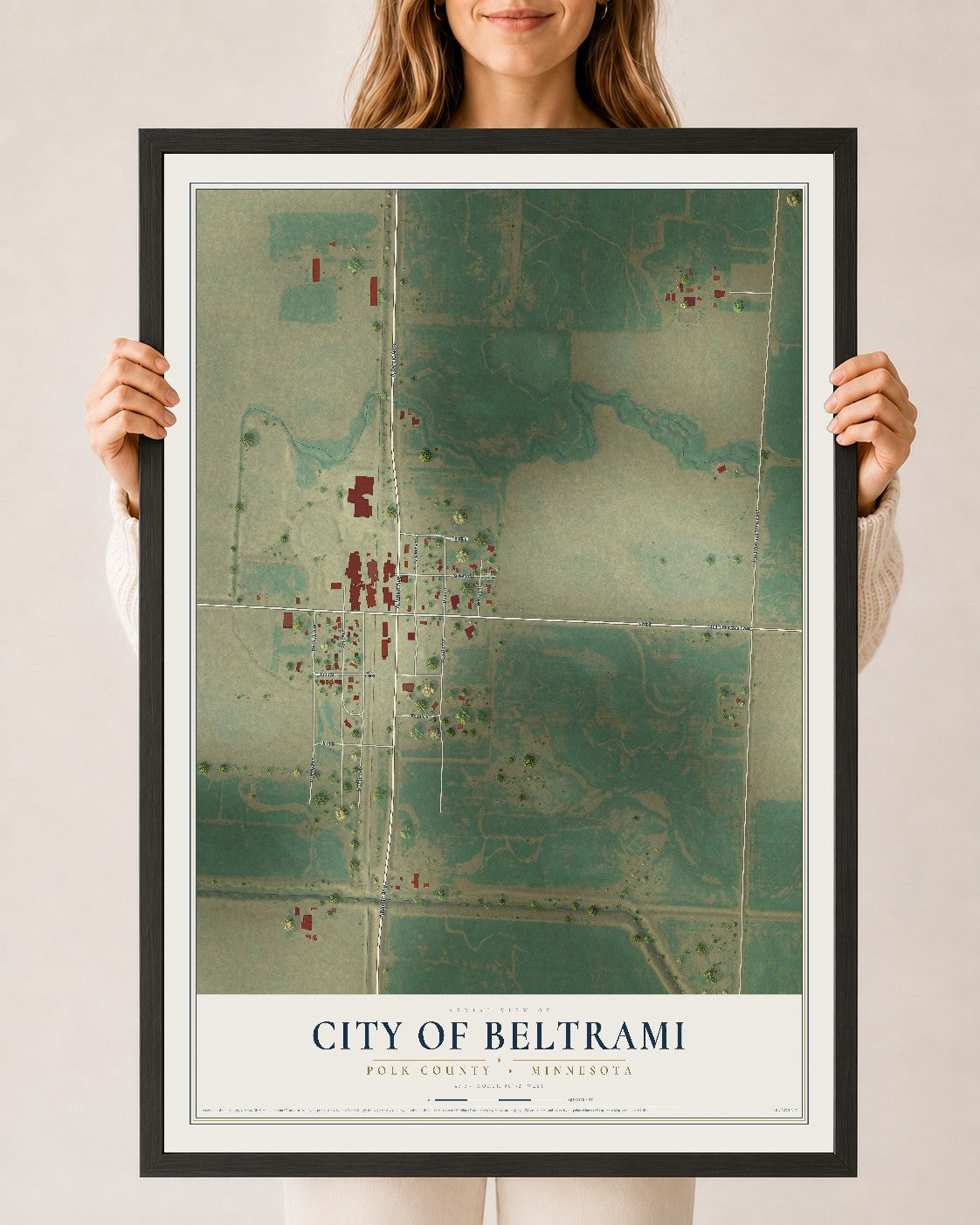 Map of Beltrami, Minnesota, 24 x 36 inch print in a black wood frame