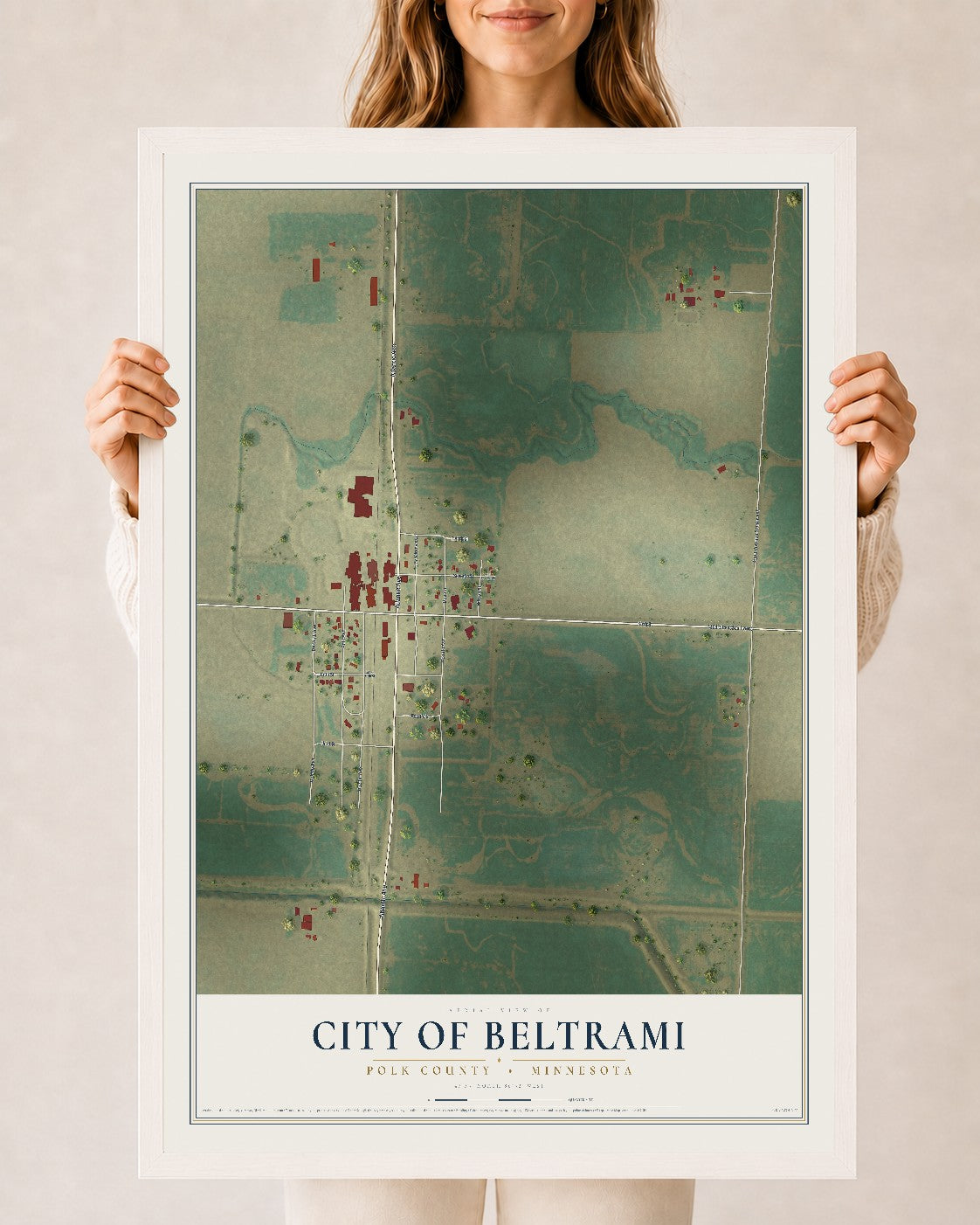 Map of Beltrami, Minnesota, 24 x 36 inch print in a white wood frame