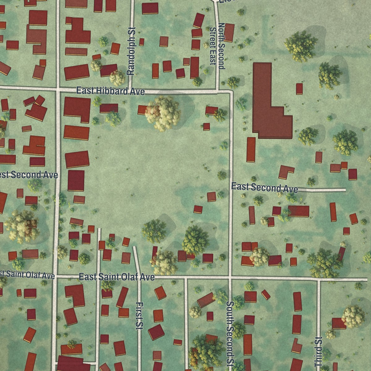 Close-up of the map of Belview, Minnesota print showing street and building detail