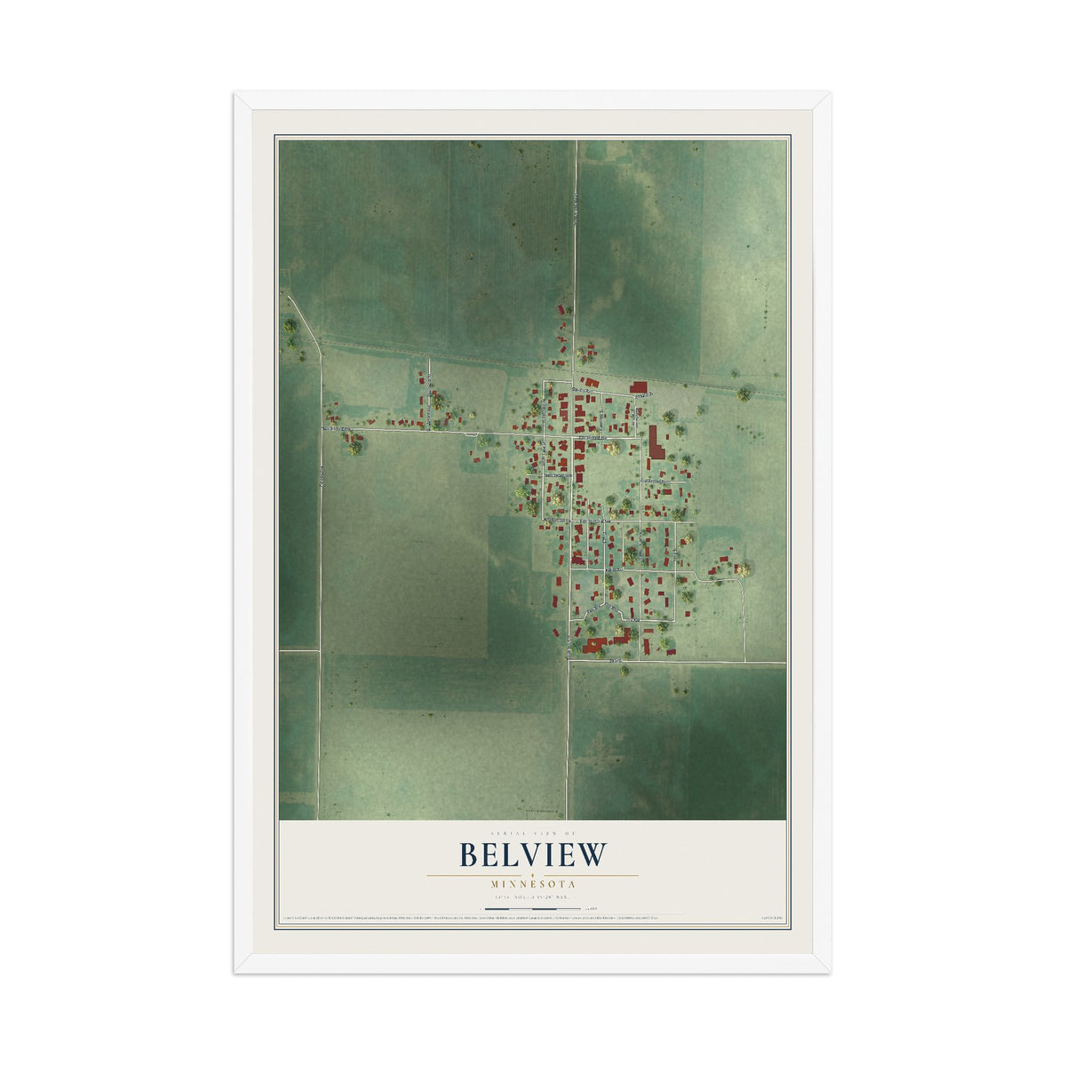 Map of Belview, Minnesota, 12 x 18 inch print in a white wood frame