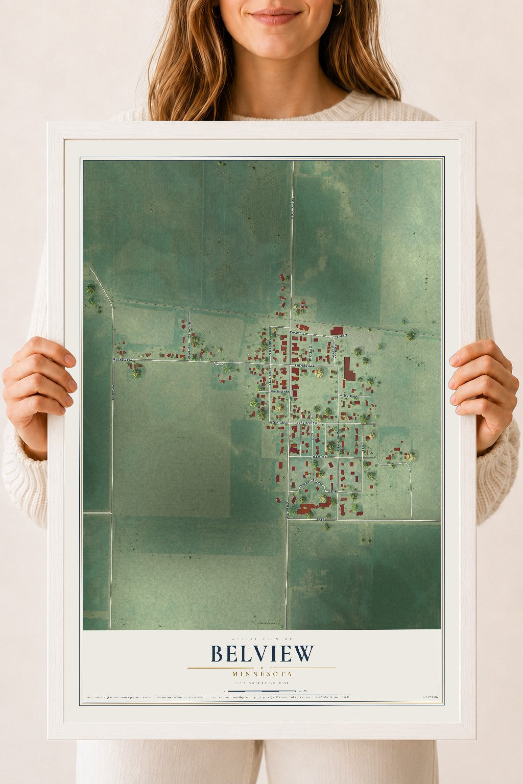 Map of Belview, Minnesota, 18 x 24 inch print in a white wood frame
