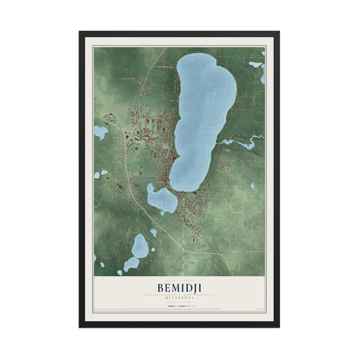 Map of Bemidji, Minnesota, 12 x 18 inch print in a black wood frame