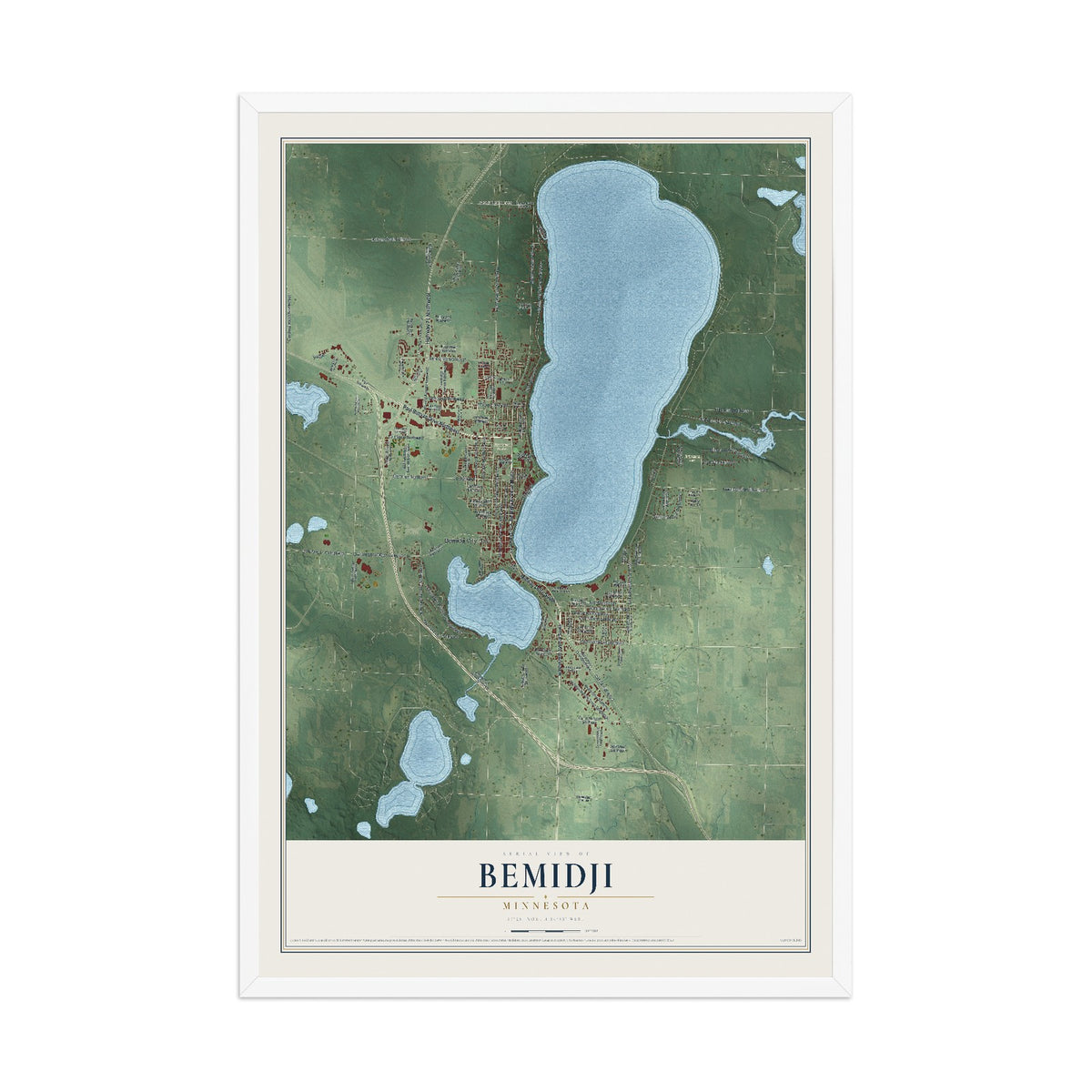 Map of Bemidji, Minnesota, 12 x 18 inch print in a white wood frame