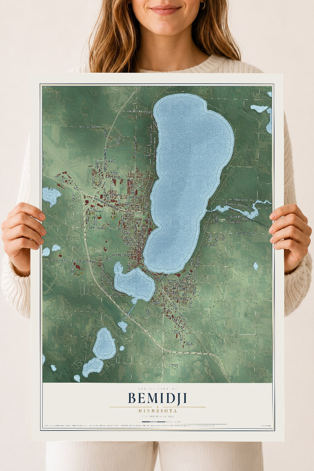 Map of Bemidji, Minnesota, 18 x 24 inch unframed archival matte print