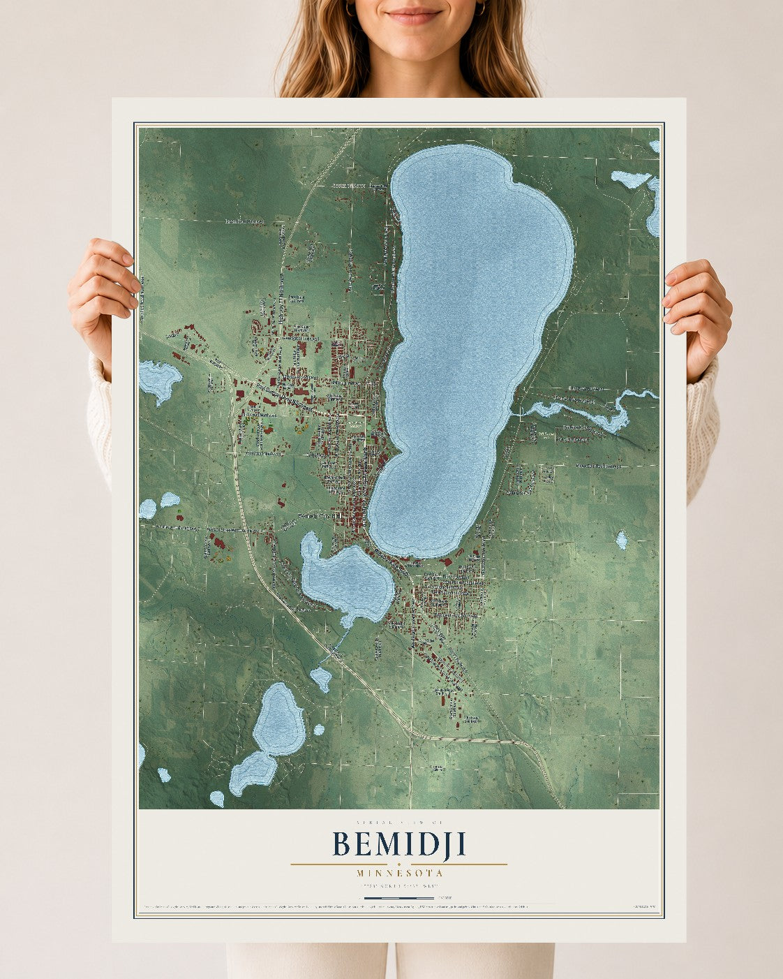 Map of Bemidji, Minnesota, 24 x 36 inch unframed archival matte print