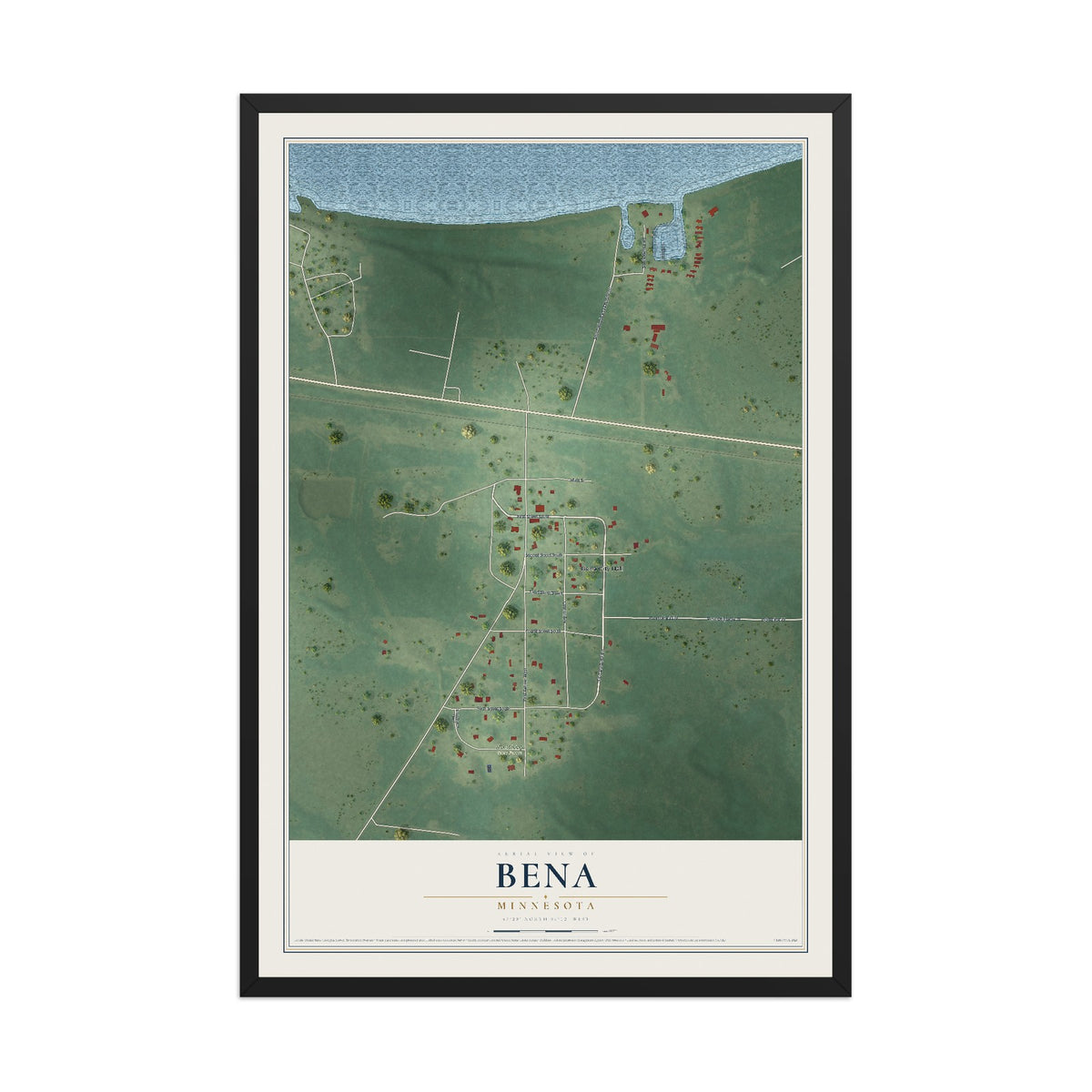 Map of Bena, Minnesota, 12 x 18 inch print in a black wood frame