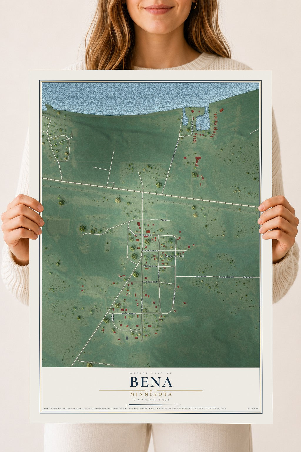Map of Bena, Minnesota, 18 x 24 inch unframed archival matte print
