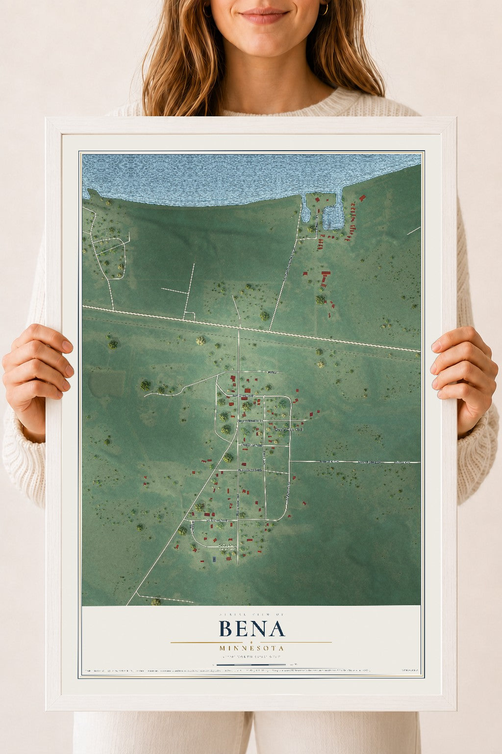 Map of Bena, Minnesota, 18 x 24 inch print in a white wood frame