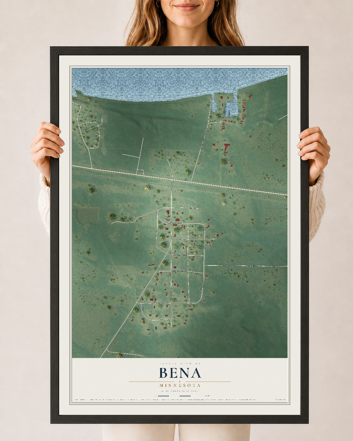 Map of Bena, Minnesota, 24 x 36 inch print in a black wood frame