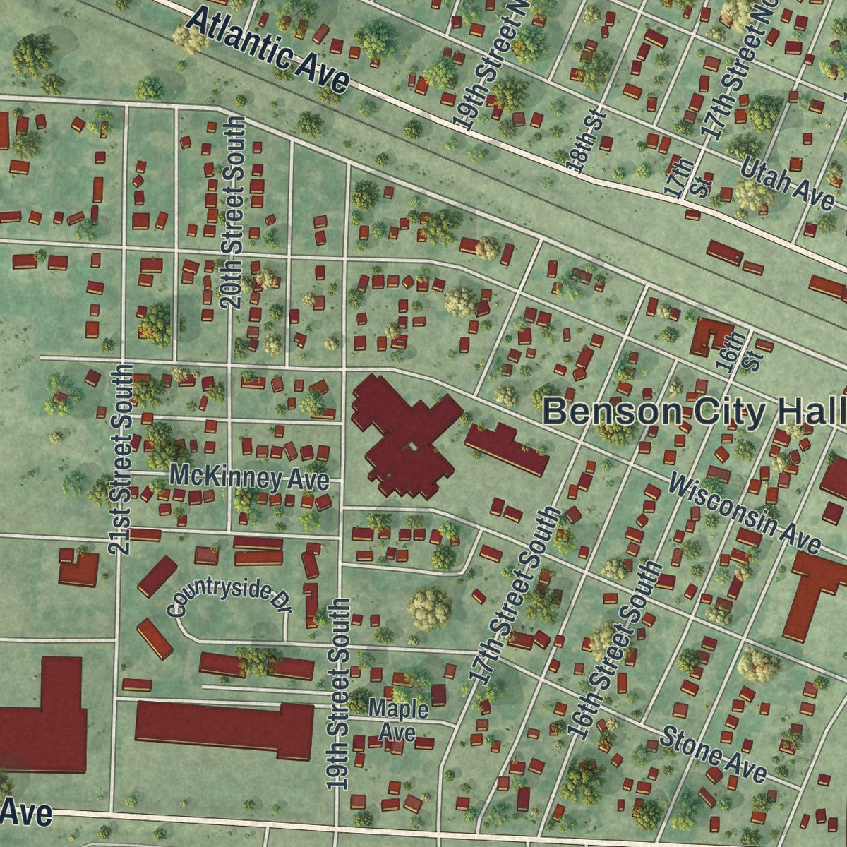 Close-up of the map of Benson, Minnesota print showing street and building detail