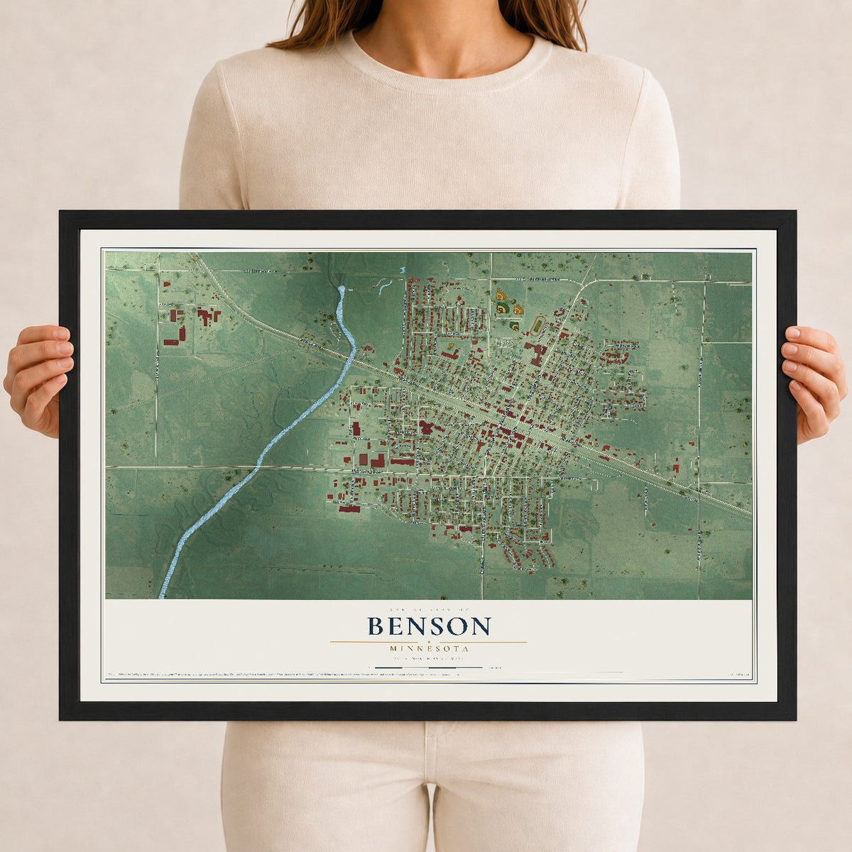 Map of Benson, Minnesota, 12 x 18 inch print in a black wood frame