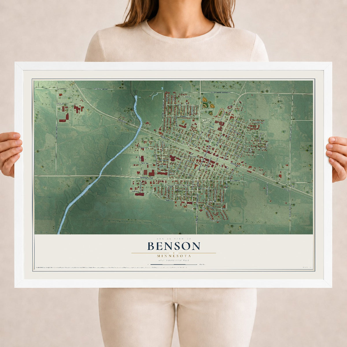 Map of Benson, Minnesota, 18 x 24 inch print in a white wood frame