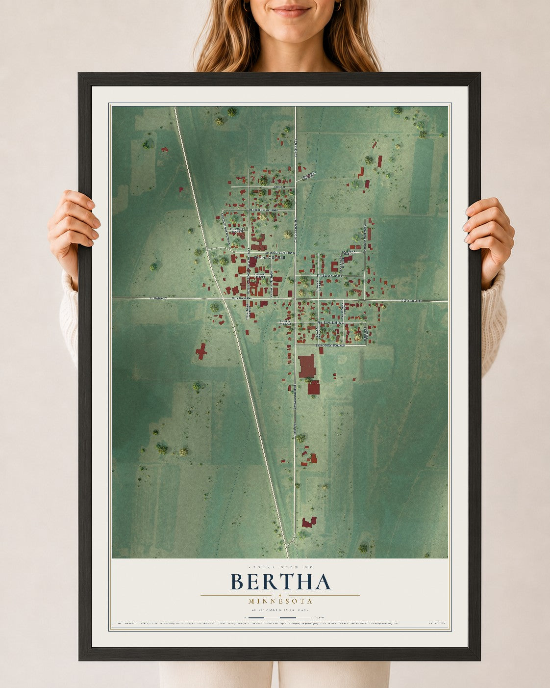 Map of Bertha, Minnesota, 24 x 36 inch print in a black wood frame