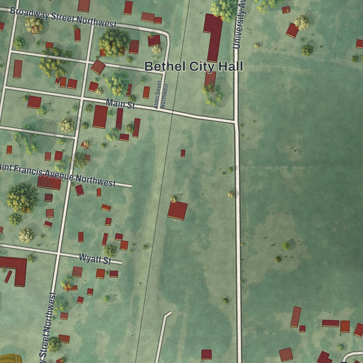 Close-up of the map of Bethel, Minnesota print showing street and building detail