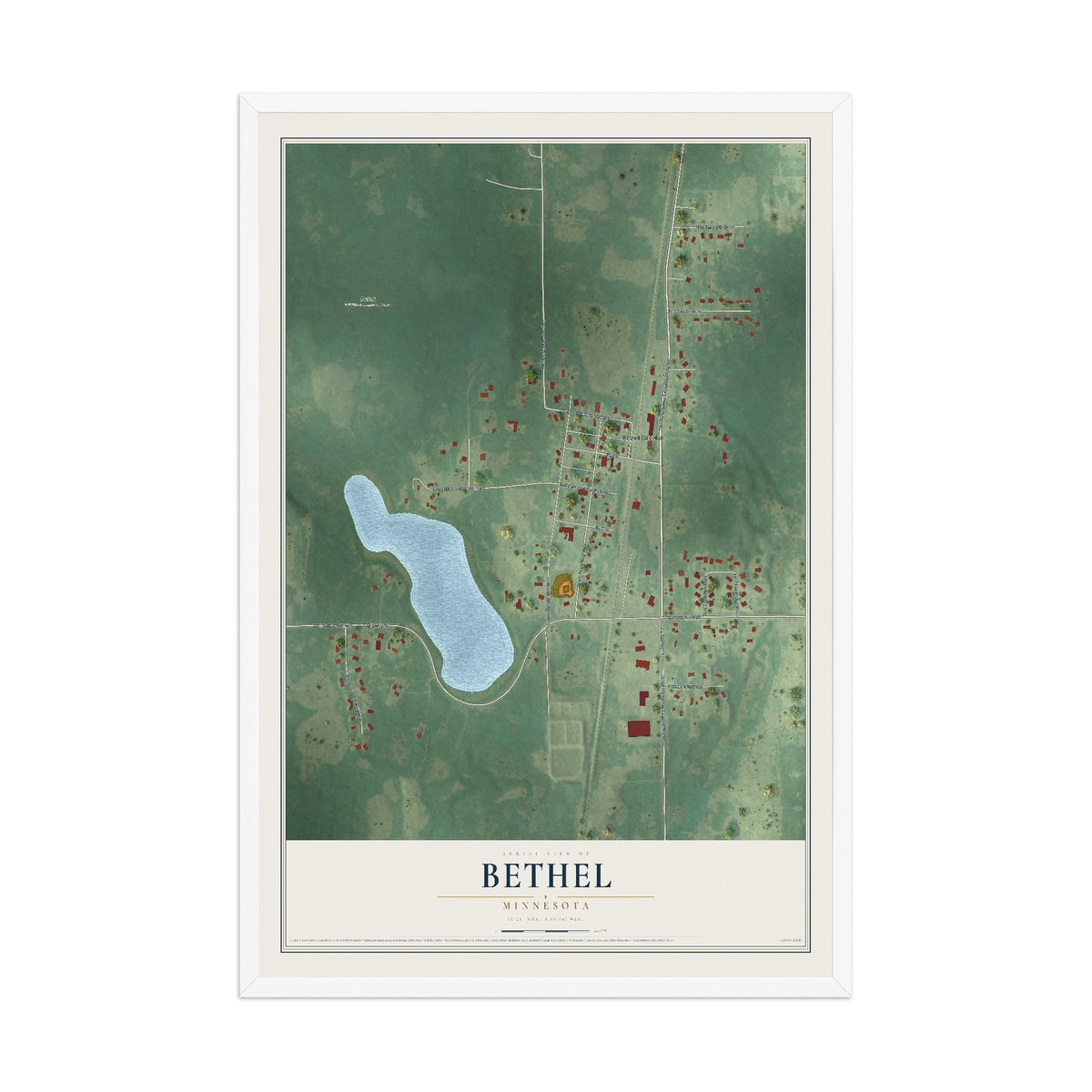 Map of Bethel, Minnesota, 12 x 18 inch print in a white wood frame