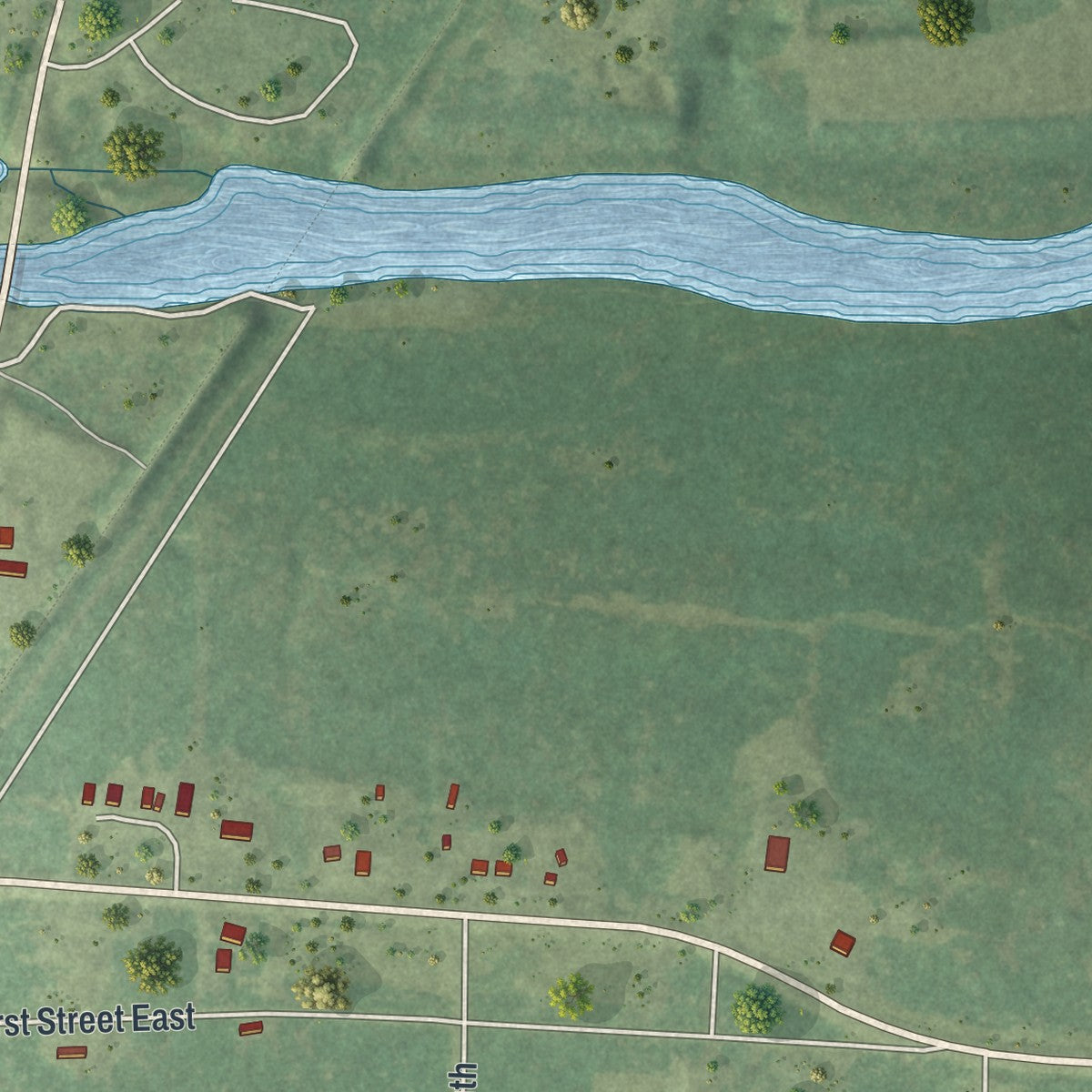 Second close-up of the map of Big Falls, Minnesota print showing more streets and buildings