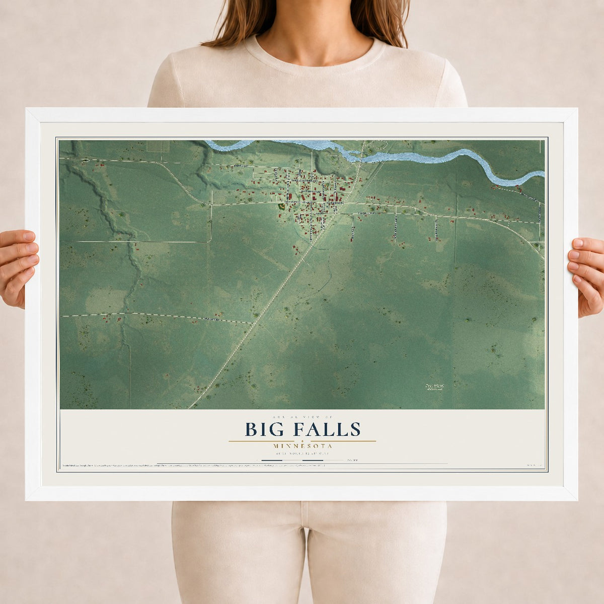Map of Big Falls, Minnesota, 18 x 24 inch print in a white wood frame